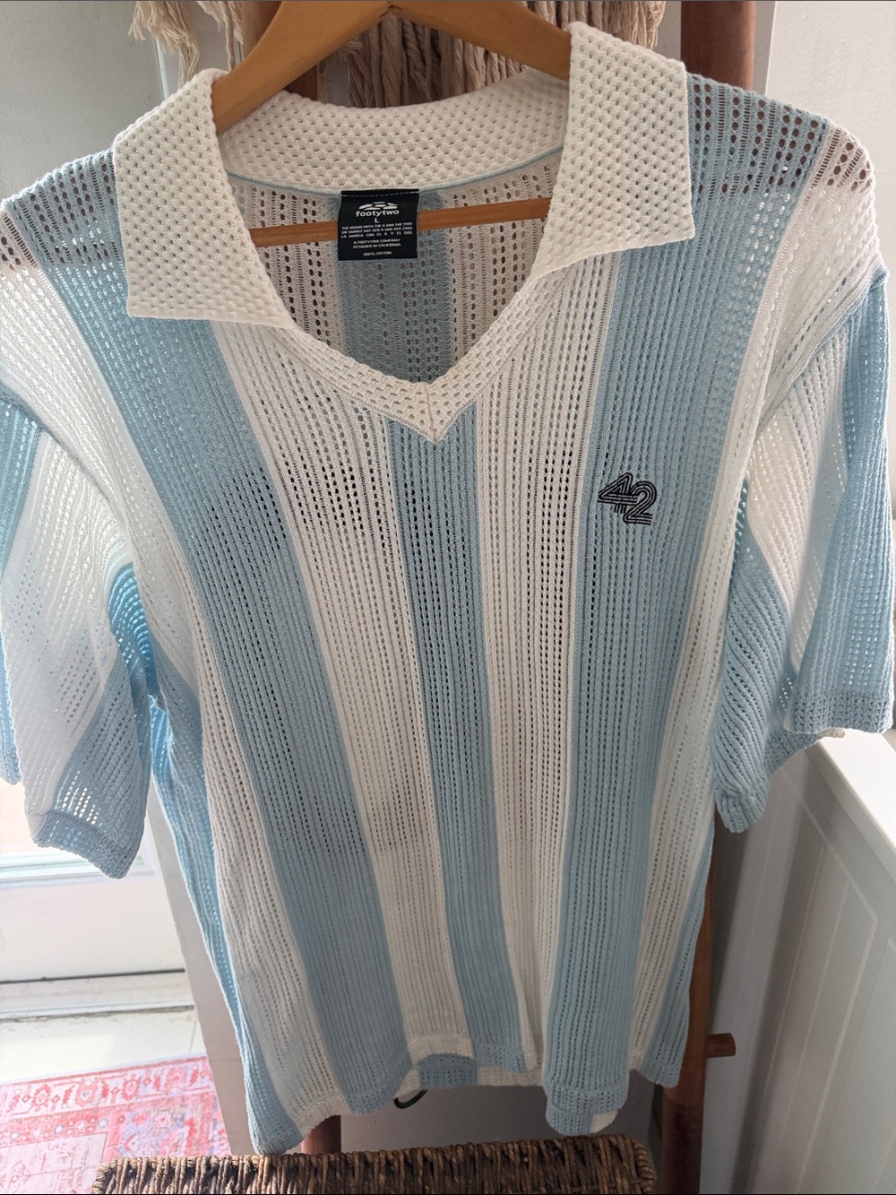 Free People Men's Blue & White Open-Knit Polo
